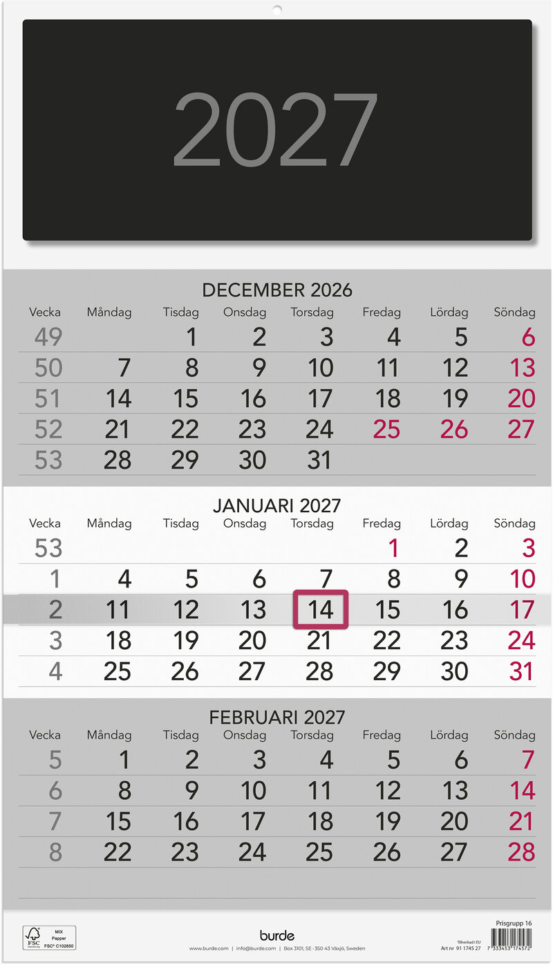 Väggkalender 2027 Triplaner Elegant